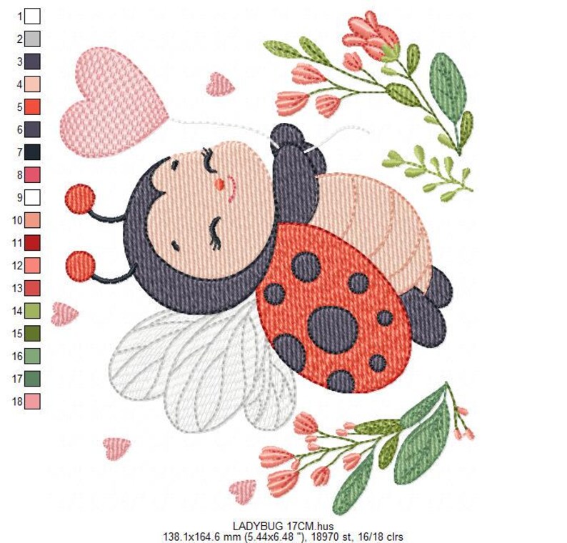 May include: An embroidered design of a cartoon ladybug with a smiling face, red and black spotted wings, and a pink heart. The design includes pink flowers and green leaves. The text "LADYBUG 17CM.hus" is at the bottom.