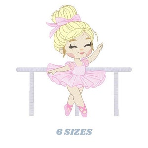 May include: A blonde ballerina doll wearing a pink tutu and pink shoes, holding onto a ballet barre. The doll has a pink bow in her hair and is smiling.
