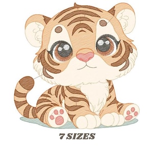 Puede incluir: Un lindo cachorro de tigre de dibujos animados con ojos grandes y una nariz rosa. El tigre está sentado con la cola enroscada detrás de él. El tigre es marrón y naranja con rayas negras.