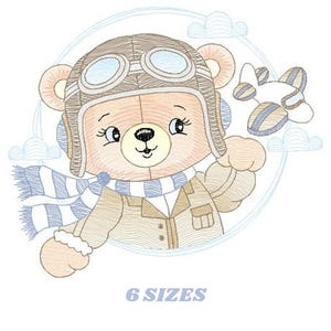 May include: A cute cartoon bear wearing a brown aviator hat and goggles, a blue and white striped scarf, and a brown jacket. The bear is holding a small airplane in its right paw. The bear is surrounded by clouds and a blue circle.