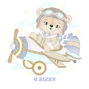 May include: A cute brown teddy bear wearing a pilot's hat and goggles is flying a blue and brown airplane with white clouds in the background. The airplane has two wheels and a propeller. The text "4 SIZES" is written below the airplane.