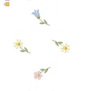 May include: An embroidery design featuring delicate floral motifs. The design includes blue bellflowers, white daisies with yellow centers, and pink flowers, all with green stems and leaves. The text "FLORAL 18CM.hus" is visible.