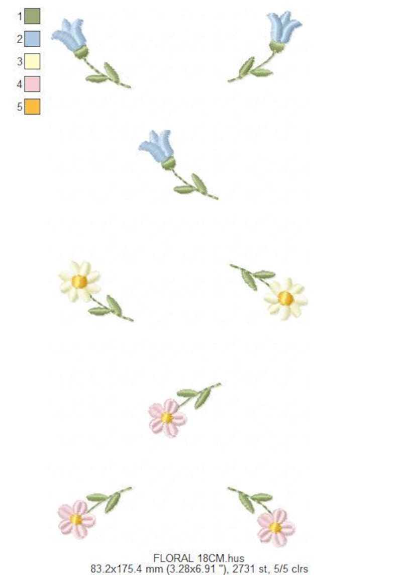 May include: An embroidery design featuring delicate floral motifs. The design includes blue bellflowers, white daisies with yellow centers, and pink flowers, all with green stems and leaves. The text "FLORAL 18CM.hus" is visible.