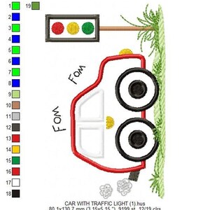 Vertical stitch chart with thread swatches at left, red outlined car with Foam note, traffic light and grass, car embroidery design for kids