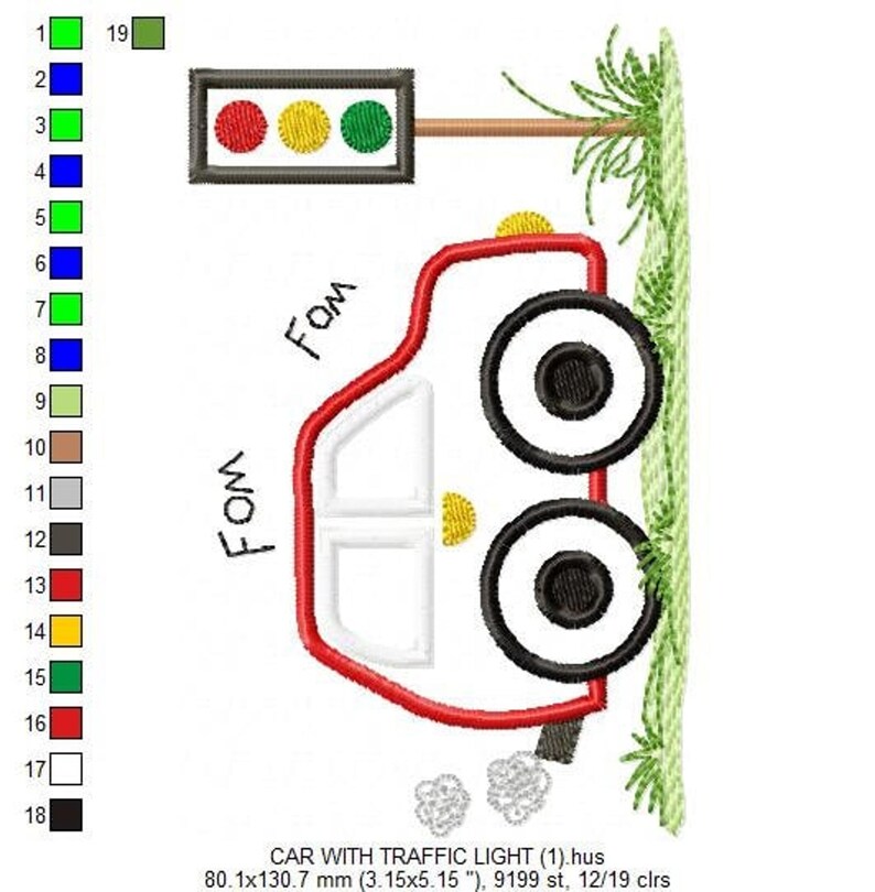 Vertical stitch chart with thread swatches at left, red outlined car with Foam note, traffic light and grass, car embroidery design for kids