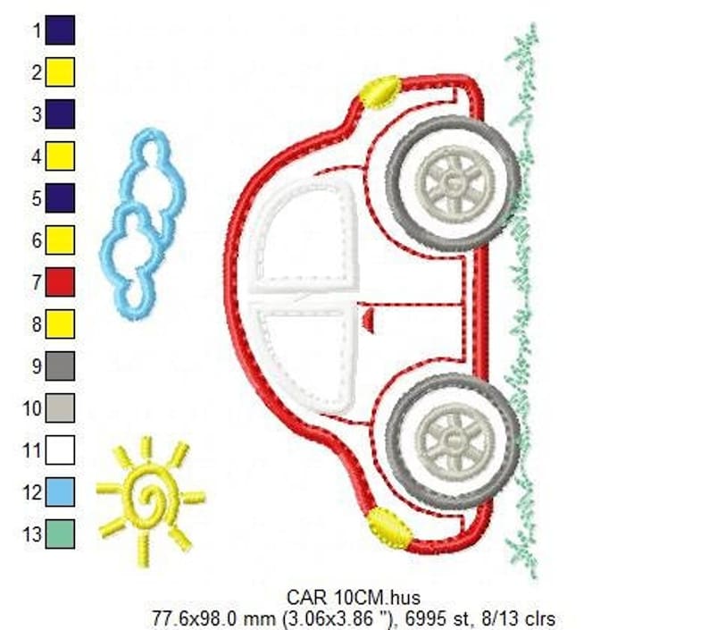 Cartoon Car Applique Embroidery Design – Vehicle Machine Embroidery File (Digital Download)
