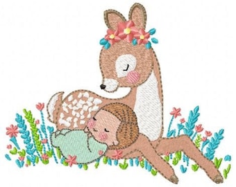 Deer and Baby Embroidery Design - Animal Machine Embroidery Pattern (Digital Download)