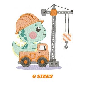 May include: A green dinosaur wearing an orange construction helmet sits in an orange toy truck. A gray construction crane with an orange hook and weight is behind the truck. The text "6 SIZES" is below the image.