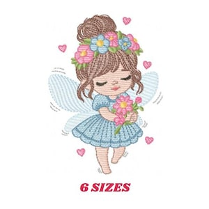 May include: Embroidered design of a fairy with brown hair, blue dress, and wings. She is holding a bouquet of pink flowers and wearing a flower crown. The design is surrounded by pink hearts.