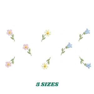 Könnte beinhalten: Weißer Hintergrund mit gestickten Blumenmustern. Das Bild zeigt mehrere Blumen in verschiedenen Farben, darunter Rosa, Gelb und Blau, mit grünen Stielen. Der Text "5 SIZES" wird grün am unteren Rand des Bildes angezeigt.