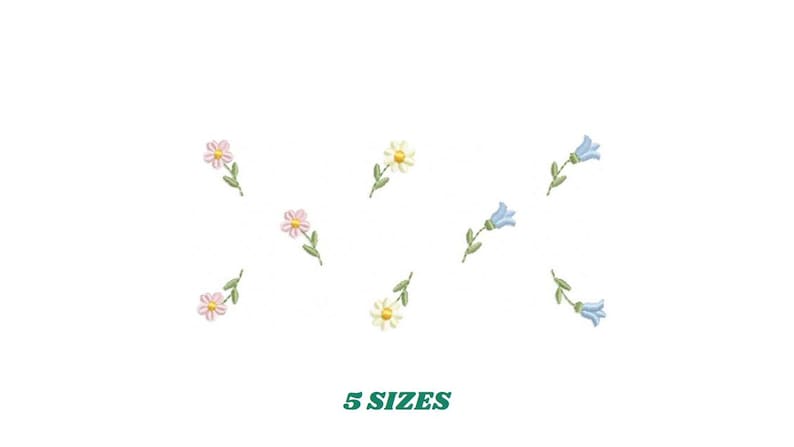 May include: White background with embroidered floral designs. The image features several flowers in various colors, including pink, yellow, and blue, with green stems. The text "5 SIZES" is displayed in green at the bottom of the image.
