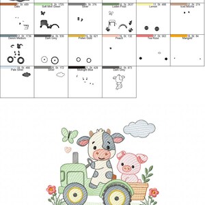 K&ouml;nnte beinhalten: Gesticktes Design mit einer Kuh, die einen gr&uuml;nen Traktor mit einem Schwein in einem Korb f&auml;hrt, zusammen mit einem Schmetterling, Blumen und einer Wolke. Ideal f&uuml;r Stickprojekte, das Design misst 15 cm x 12,8 cm.
