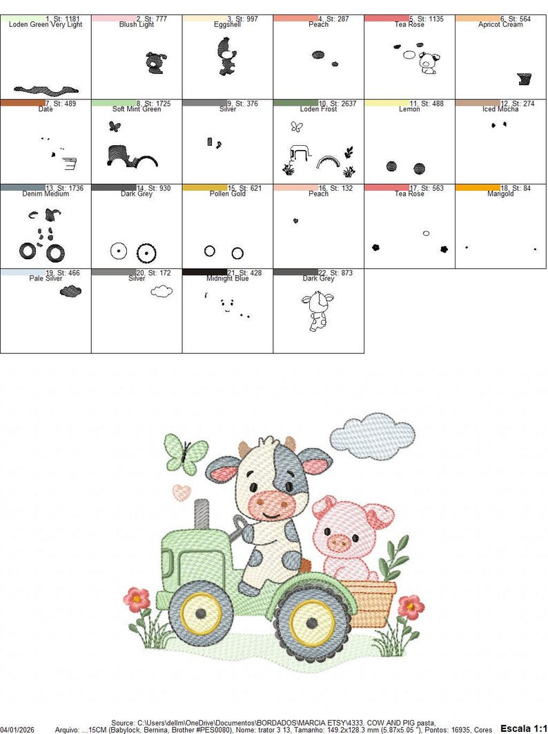 K&ouml;nnte beinhalten: Gesticktes Design mit einer Kuh, die einen gr&uuml;nen Traktor mit einem Schwein in einem Korb f&auml;hrt, zusammen mit einem Schmetterling, Blumen und einer Wolke. Ideal f&uuml;r Stickprojekte, das Design misst 15 cm x 12,8 cm.