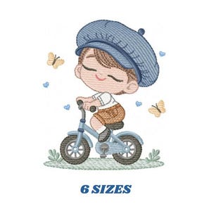 Könnte beinhalten: Stickerei mit einem Kind, das ein blaues Fahrrad mit einem blauen Hut und braunen Shorts fährt. Im Hintergrund befinden sich gelbe Schmetterlinge und blaue Herzen. Der Text "6 SIZES" befindet sich unter dem Bild.