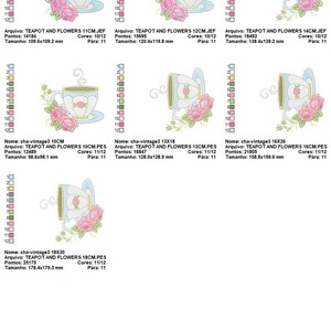 May include: Five embroidery designs of a teacup and saucer with pink roses. The designs are in different sizes, ranging from 10 cm to 18 cm. The teacups are light blue with white trim and a pink rose design. The saucers are white with a pink rose design. The designs are perfect for embroidery projects.