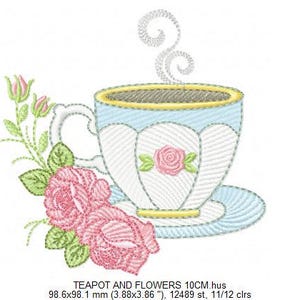 May include: A white teacup with a blue rim and a pink rose design, filled with brown liquid and steam rising from it. The teacup is on a blue saucer with a pink rose design. There are pink roses and green leaves on the left side of the image.