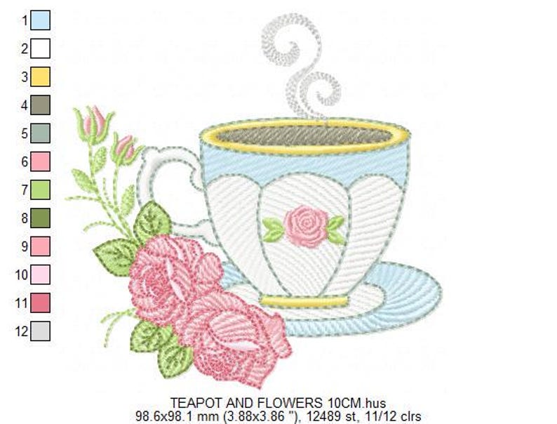 May include: A white teacup with a blue rim and a pink rose design, filled with brown liquid and steam rising from it. The teacup is on a blue saucer with a pink rose design. There are pink roses and green leaves on the left side of the image.