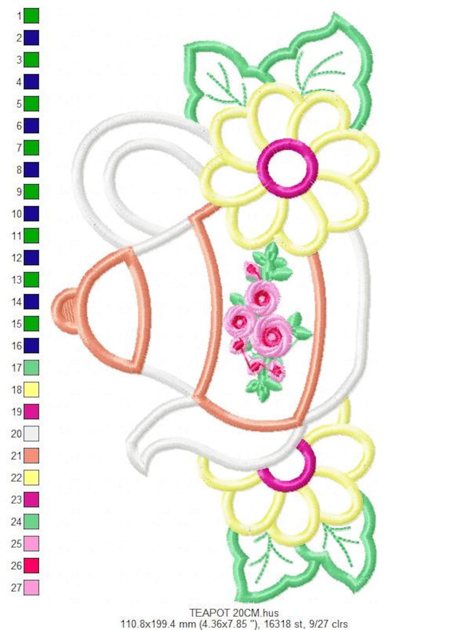 Teapot Embroidery Design Flowers Embroidery Designs Machine Etsy
