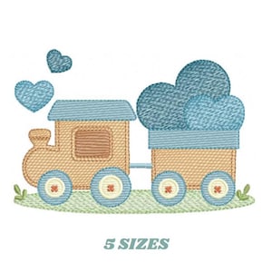 May include: An embroidered design of a toy train with a light blue roof and wheels, and a tan body. Two blue hearts float above the train. The text "5 SIZES" is below the train.