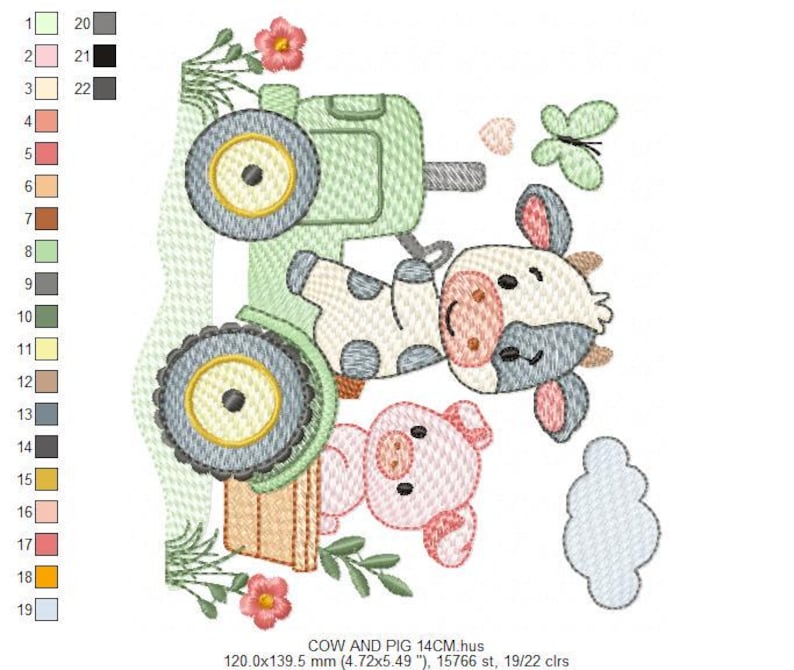K&ouml;nnte beinhalten: Gesticktes Design mit einem gr&uuml;nen Traktor, einer Kuh mit schwarzen Flecken und einem rosa Schwein. Das Design enth&auml;lt einen Schmetterling, Blumen und den Text "COW AND PIG 14CM.hus". Das Design misst 120,0 x 139,5 mm.