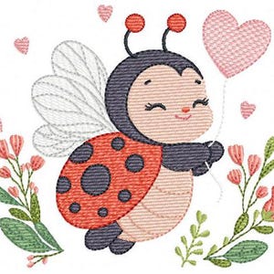 May include: A cartoon ladybug with a smiling face, holding a pink heart balloon. The ladybug has a red and black shell, with white wings. Pink hearts and flowers surround the ladybug. The image is designed in a stitched embroidery style.