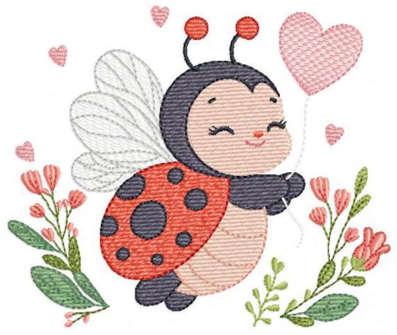 May include: A cartoon ladybug with a smiling face, holding a pink heart balloon. The ladybug has a red and black shell, with white wings. Pink hearts and flowers surround the ladybug. The image is designed in a stitched embroidery style.