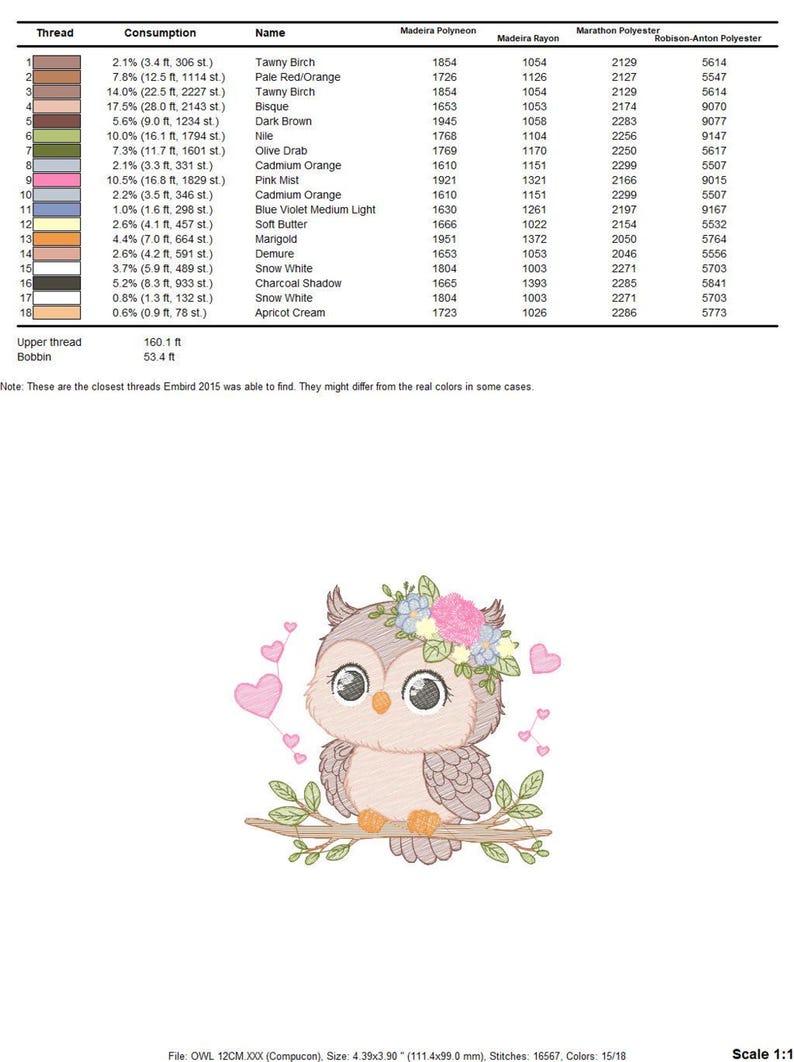 Floral Owl Machine Embroidery Design - RIPPLED, 6 Sizes (Instant Download)