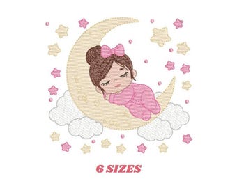 Baby Moon Embroidery Design – Sleeping Girl, Stars, Clouds (Digital Download)