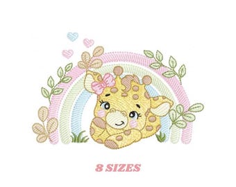 Rainbow Giraffe Embroidery Design – Baby Girl File (pes jef dst hus)