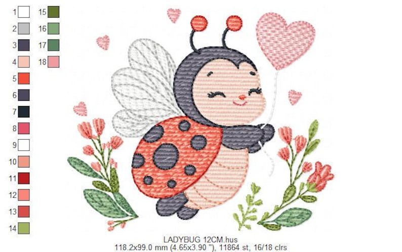 May include: An embroidered design of a smiling ladybug holding a pink heart-shaped balloon. The ladybug has a red and black spotted shell, gray head, and white wings. Pink hearts and flowers surround the ladybug. The design measures 11.8 x 9.9 cm.