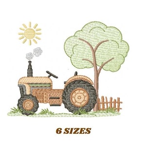 May include: Embroidered design of a yellow tractor with a brown and black wheel, a green tree, a brown fence, and a yellow sun. The tractor has a brown chimney with smoke coming out of it.