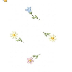 May include: Embroidered floral design featuring blue bellflowers, white daisies with yellow centers, and pink flowers with yellow centers. The design includes green leaves and stems. The text "FLORAL 20CM.hus" is at the bottom.