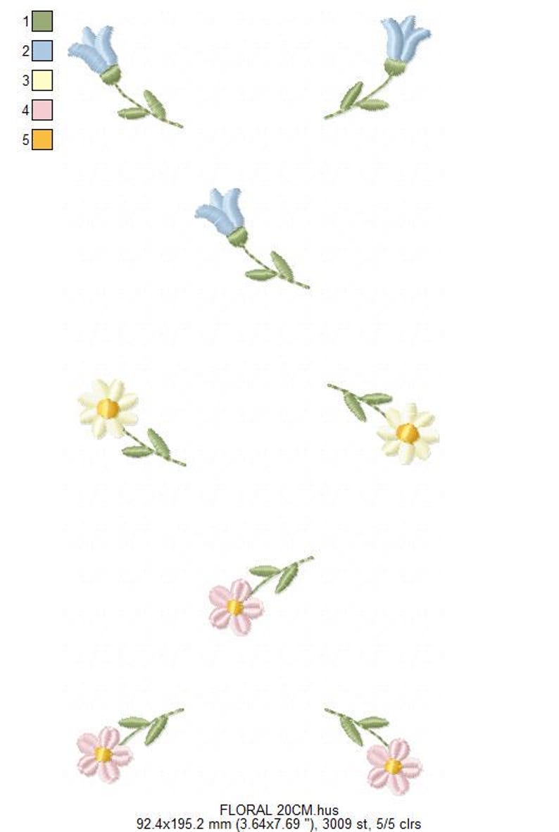 May include: Embroidered floral design featuring blue bellflowers, white daisies with yellow centers, and pink flowers with yellow centers. The design includes green leaves and stems. The text "FLORAL 20CM.hus" is at the bottom.