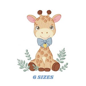 Diseño de bordado de jirafa - Animal de safari, pajarita azul (descarga digital)