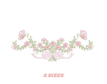 Roses and Butterflies Machine Embroidery Design, Rippled Floral Pattern, 5 Sizes, Digital Download