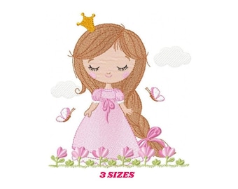 Princess Embroidery Design – Girl with Flowers, Butterflies (Instant Download)