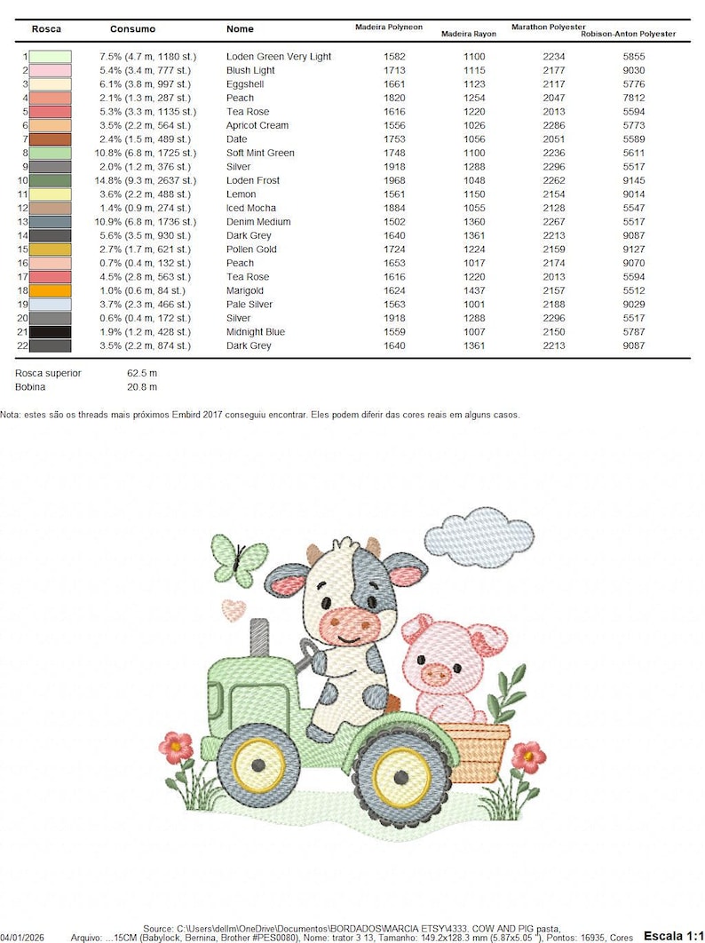 K&ouml;nnte beinhalten: Gesticktes Design mit einer Kuh, die einen gr&uuml;nen Traktor f&auml;hrt, und einem Schwein in einem Korb. Enth&auml;lt einen Schmetterling, Blumen und den Text "COW AND PIG pasta". Das Design ist 14.9 cm x 12.8 cm gro&szlig;.