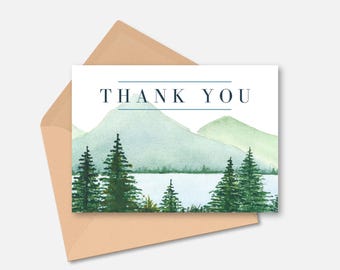 Printable Thank You Card – Mountain Landscape – Watercolor Forest Scene – Rustic Outdoorsy Card – Instant Download
