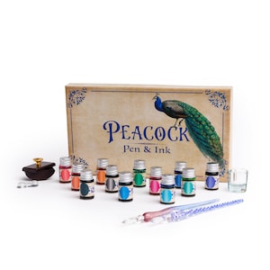 Peacock Pen & Ink Set -  Two glass dip ink pens plus twelve inks, ink blotter, and pen rest  in a beautiful gift box.