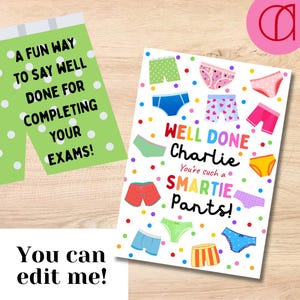 Vous avez terminé vos examens Carte de félicitations modifiable pour l'examen « Smartie Pants » - Cadeau imprimable amusant à télécharger pour les étudiants
