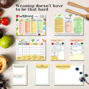 Puede incluir: Un conjunto de tablas y registros de destete para bebés con una variedad de colores. Las tablas incluyen secciones para verduras, frutas, alimentos proteicos y seguimiento de alergias. El texto "Weaning doesn't have to be that hard" está en la parte superior.