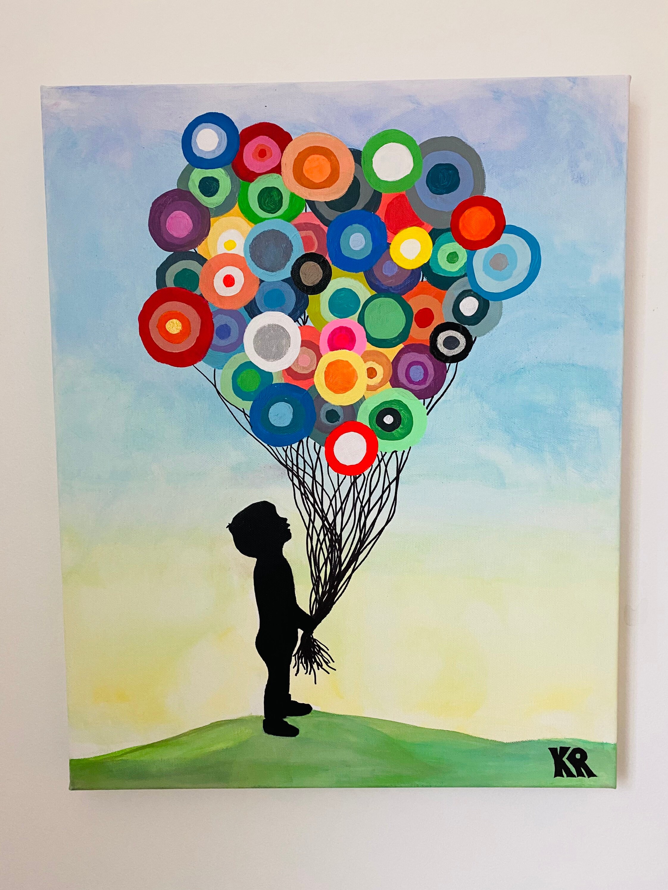 Original Painting Balloon Acrylic Boy Holding Balloons Sunset