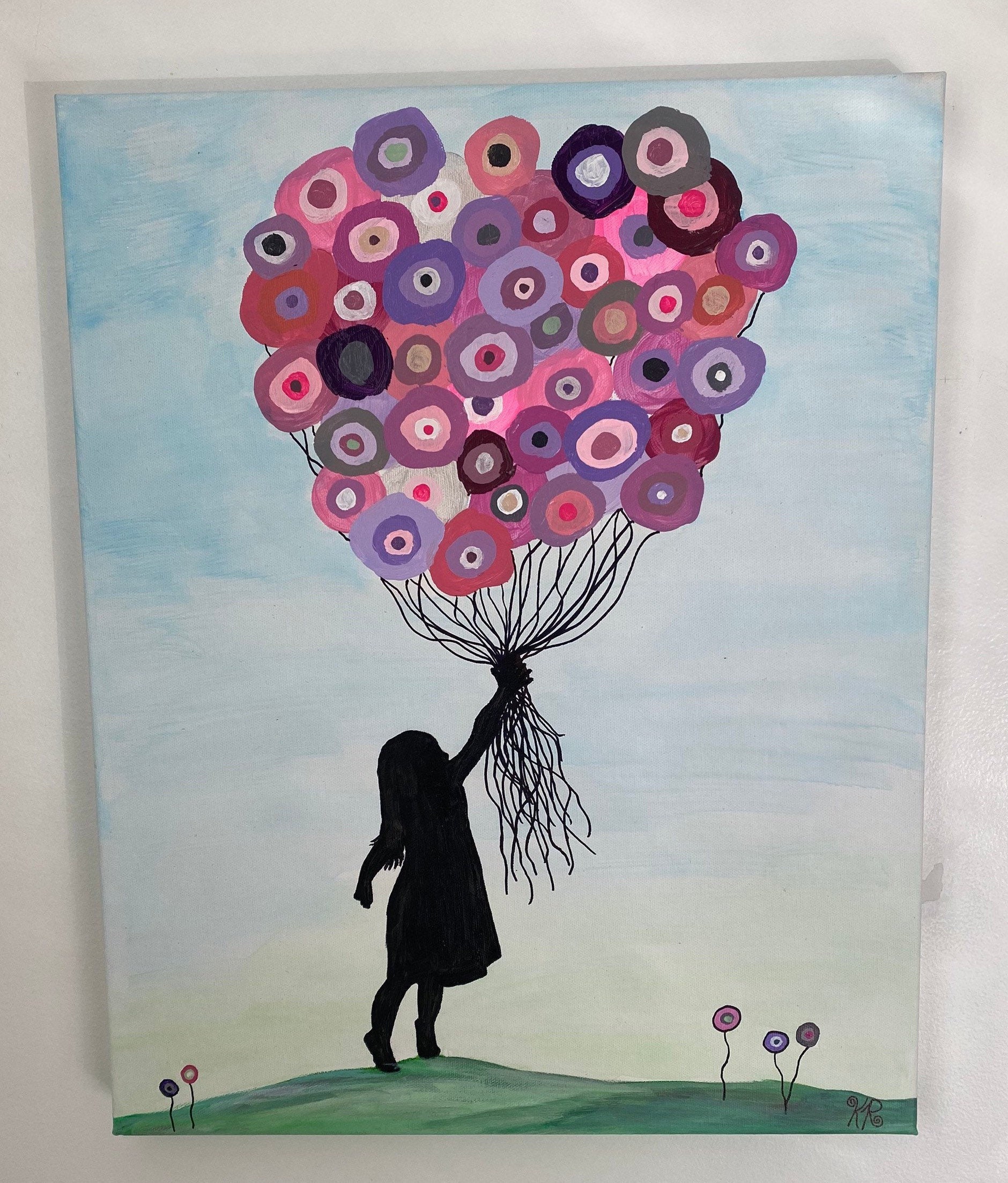 Original Painting Balloon Acrylic Girl Holding Balloons Sunset Etsy