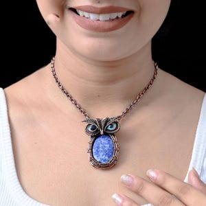 Lapis Lazuli Owl Pendant: Copper Wire Wrapped Healing Necklace