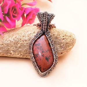 Pingente de cobra de jaspe mogno, colar com fio de cobre envolto, joia de proteção feita à mão, presente exclusivo para ela, energia de cristal de aterramento