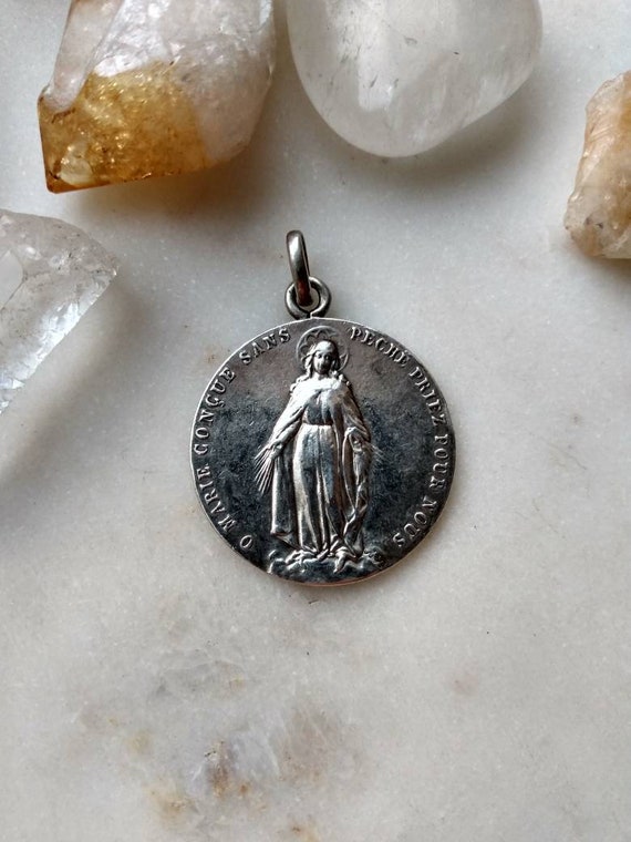 Pretty Antique French Marie Medal Pendant Inscrib… - image 6