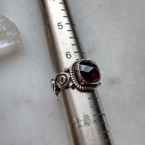 Vintage Unique Stunning Checkerboard Cut Raspberry Red Garnet Ring shops in .925 Sterling Silver with Swirl Pattern - 6.75 7