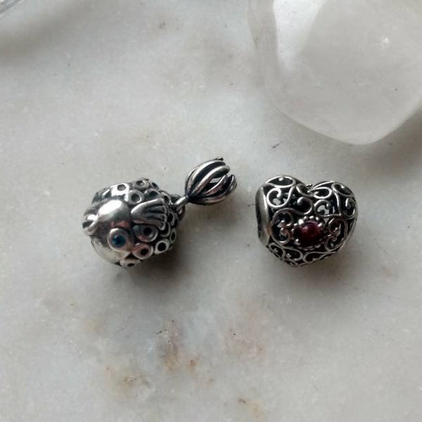 Set of TWO Filigree Gemstone Pandora Brand Sterling Silver .925 Charm Bracelet Charms - Heart and Fish