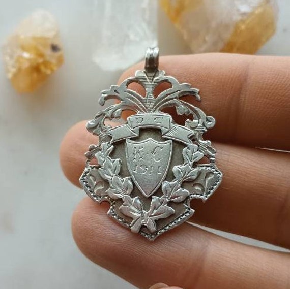 Ornate Antique 1911 Fob Medal Necklace Pendant in… - image 1