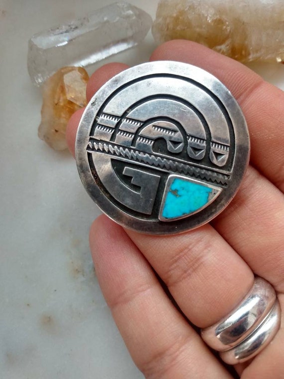 Unique Artisan As Is Vintage Southwest Silver Brooch with Lovely Navajo Style Pattern and Turquoise Inlay